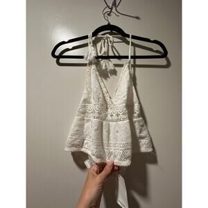 NWT Mango Casual Women's White Crochet Halter Crop Top Teide Size XS